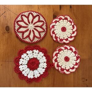 Vintage Red & White Crochet Potholders Coasters Floral Handmade Set of 4